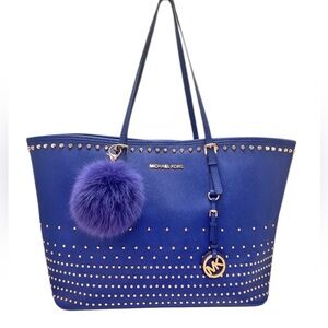 MK Jet Set Travel Studded Tote Blue Saffiano Leather Fox Fur Pom Dust Bag